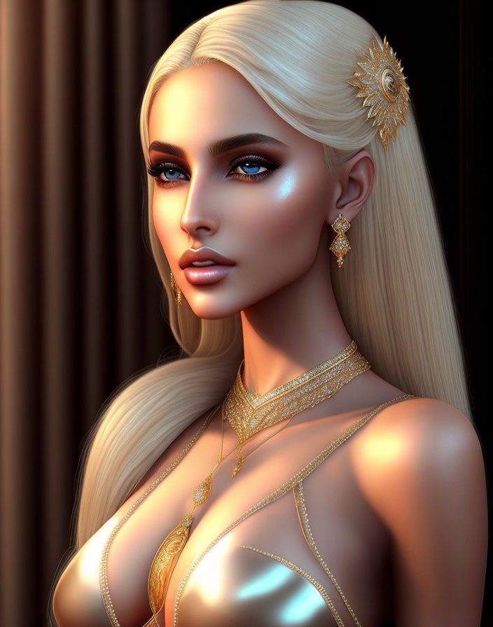 Blonde Woman with Blue Eyes and Jewelry in 3D Rendered Image