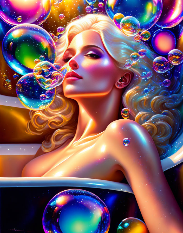 Blonde Woman Surrounded by Colorful Bubbles on Dark Background