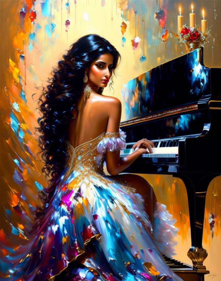 Woman with Long Dark Hair in Vibrant Blue Gown at Piano in Colorful Setting