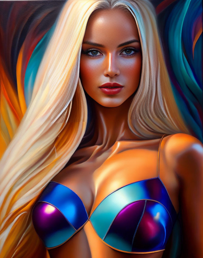 Blonde woman in metallic bikini with blue eyes and colorful background