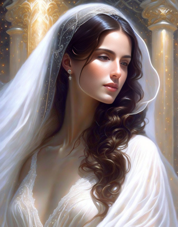 Long-haired woman in wedding attire by golden pillars exudes elegance