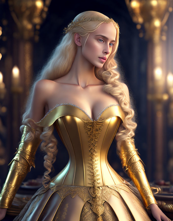 Regal woman with long blond hair in gold corset and gloves in luxurious room