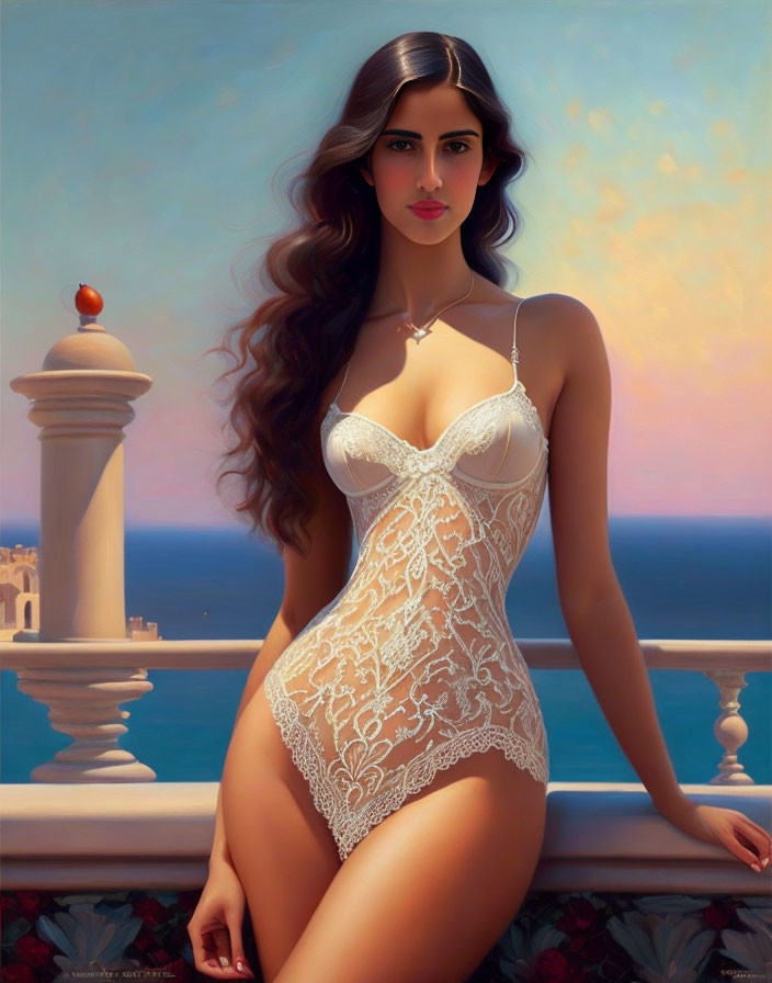 Woman in white lace bodysuit on balcony with ocean sunset.