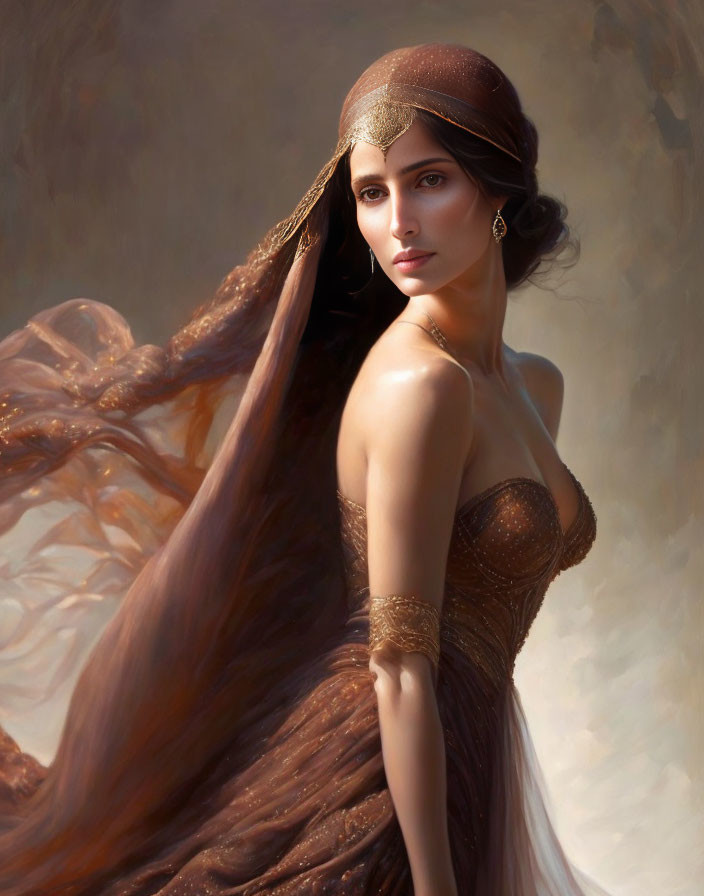 Elegant woman in brown dress with gold jewelry and headpiece gazes contemplatively