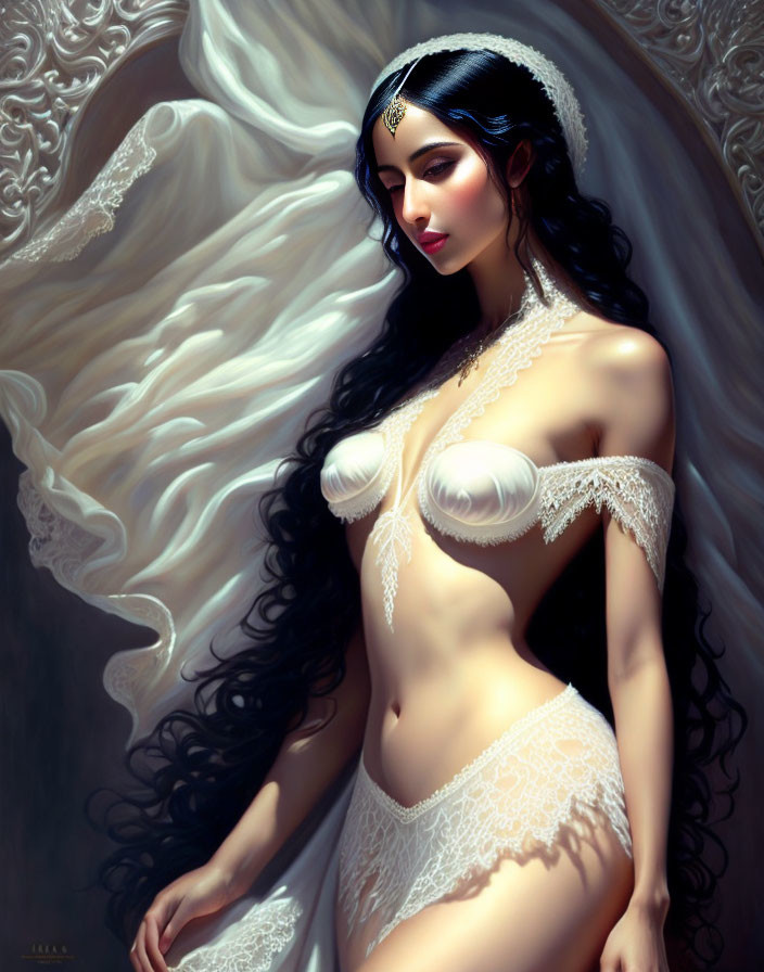Fantasy woman portrait with long black hair and white lace garments