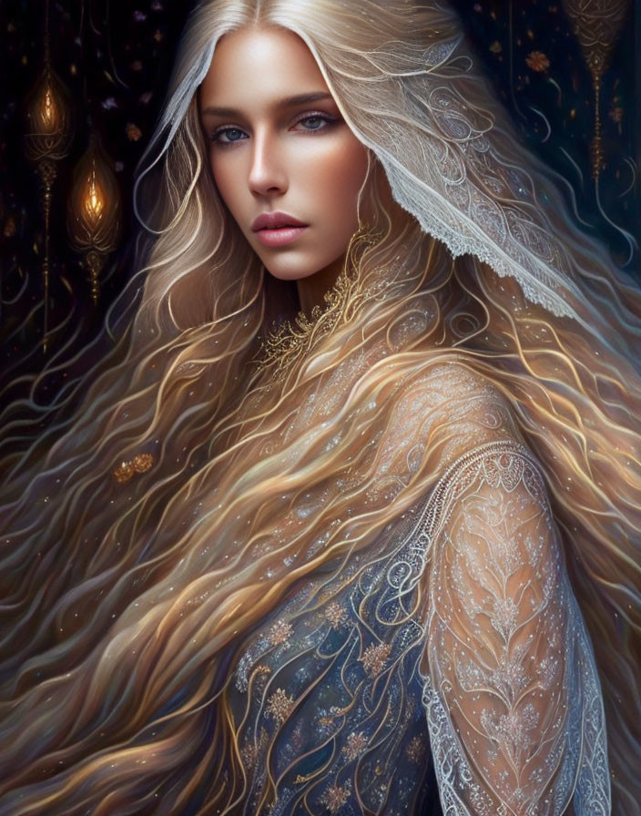 Ethereal woman with golden hair in lace and embroidery on starry backdrop