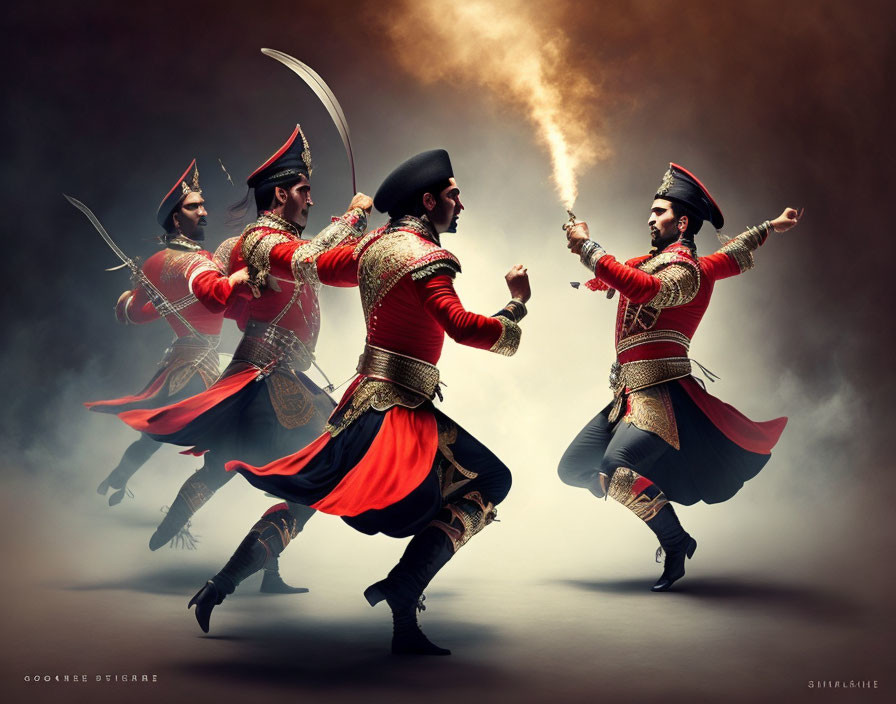 Men in traditional costumes dance with swords in smoky background