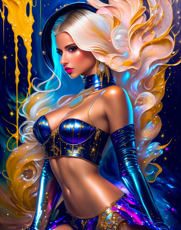 Stylized digital artwork of woman with blonde hair in cosmic-themed attire