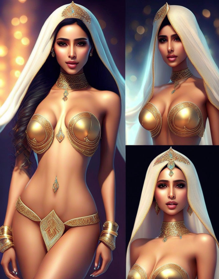 Elaborate golden jewelry on woman against glowing background