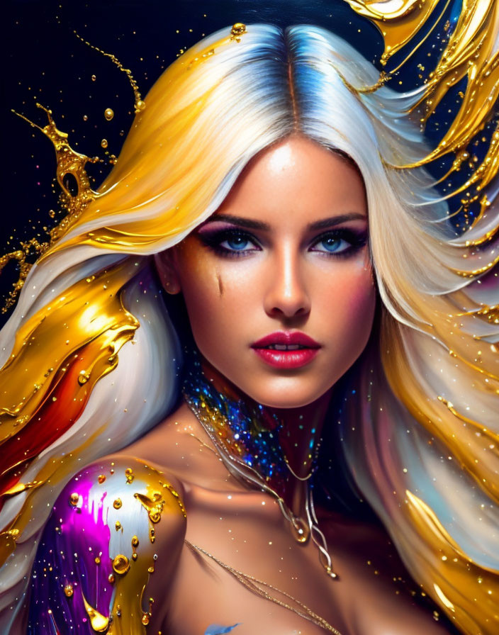 Surreal portrait of woman with blue eyes and flowing hair in liquid gold and vivid colors