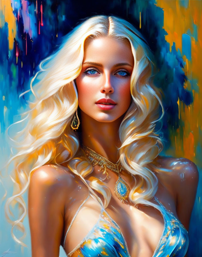 Colorful portrait of a woman with blonde hair and blue eyes against abstract backdrop