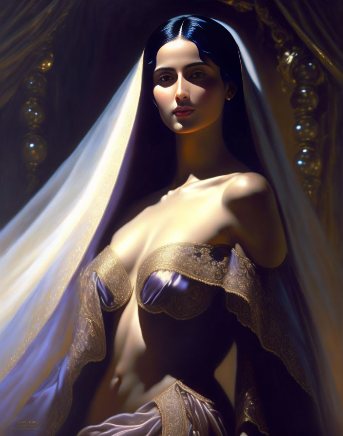 Portrait of woman with long dark hair in golden dress under dramatic lighting