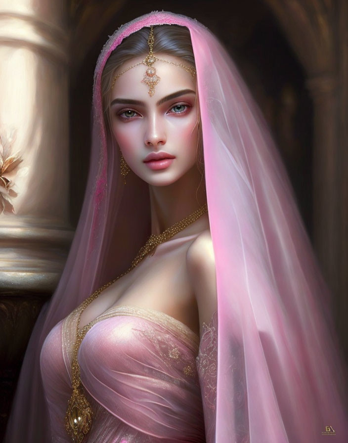 Serene woman in pink dress with embellished veil and jewelry
