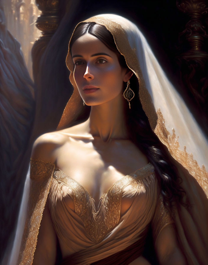 Ethereal woman in golden gown with veil and earrings in radiant light