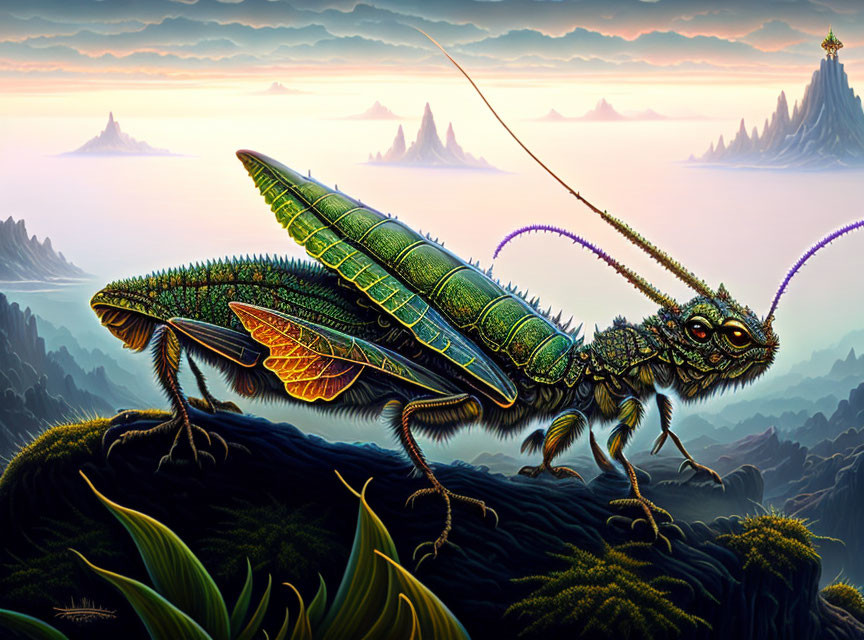 Detailed Grasshopper Illustration on Leafy Terrain with Mountains and Castle