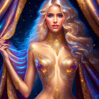 Fantastical image: Woman with glowing golden skin and blue hair in cosmic setting