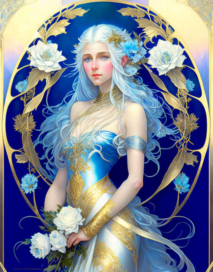 Blue-haired ethereal figure in ornate art nouveau frame with white flowers