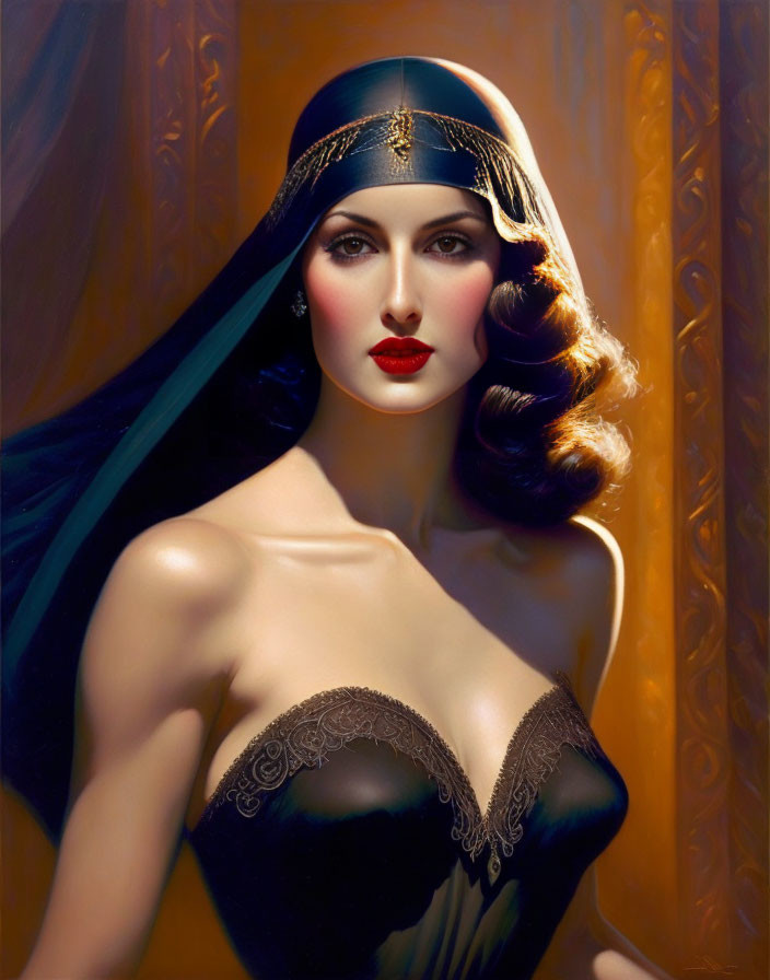 Dark-haired elegant lady in vintage attire against amber backdrop