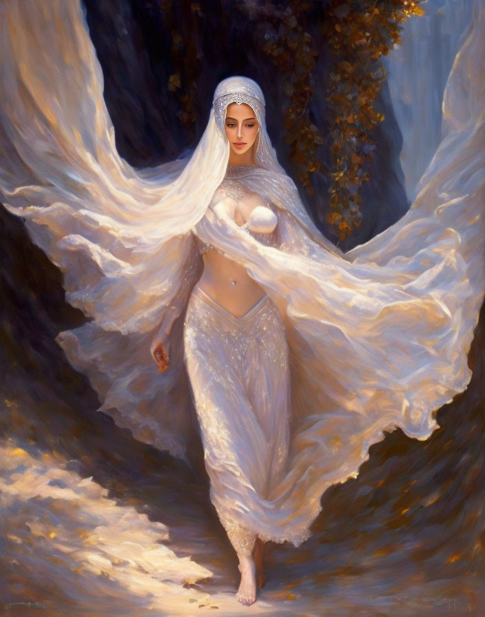 Woman in white garments walks through sunlit forest path