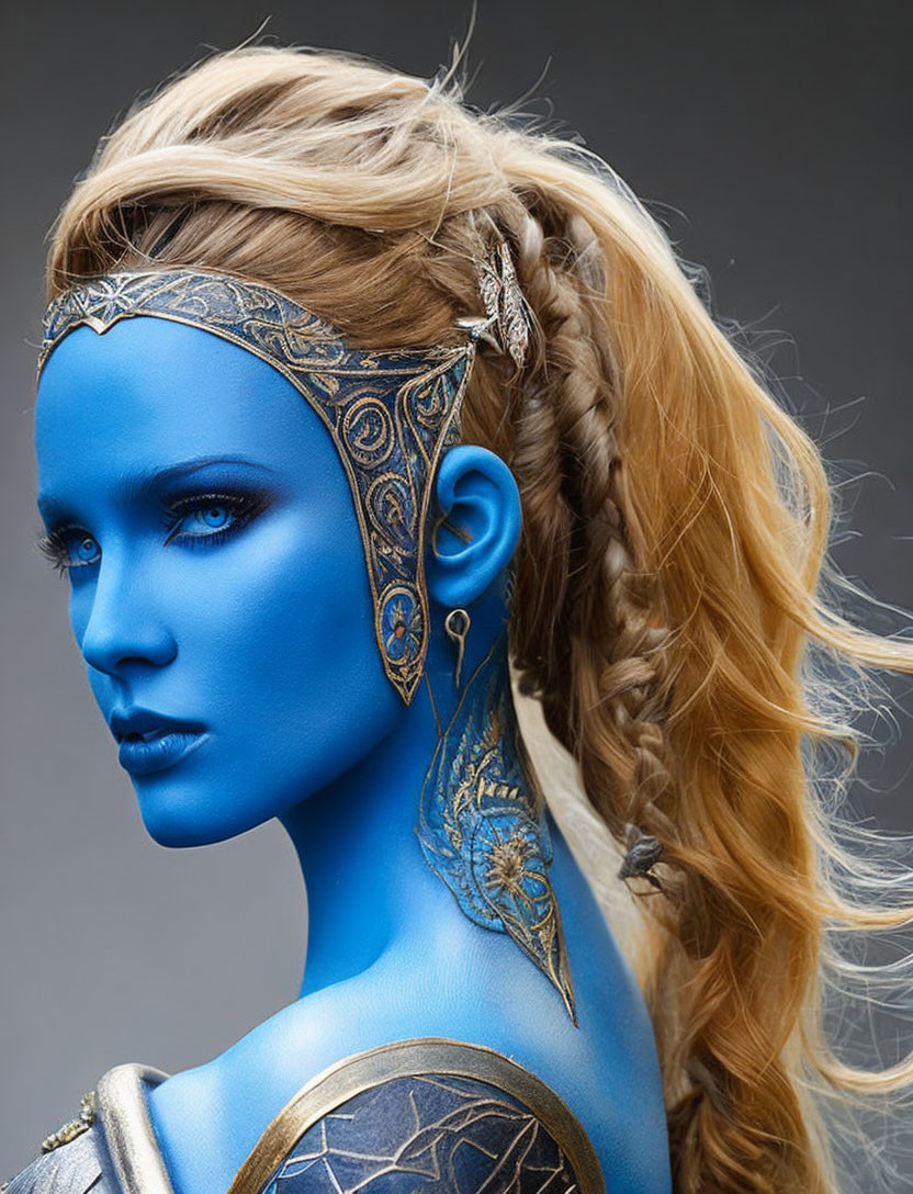 Blue-skinned woman with gold headpiece and blonde braid on grey background