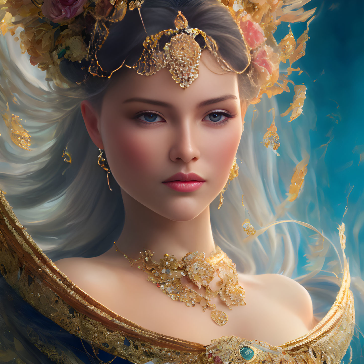 Digital portrait of woman with gold jewelry & floral crown on mystical blue background.