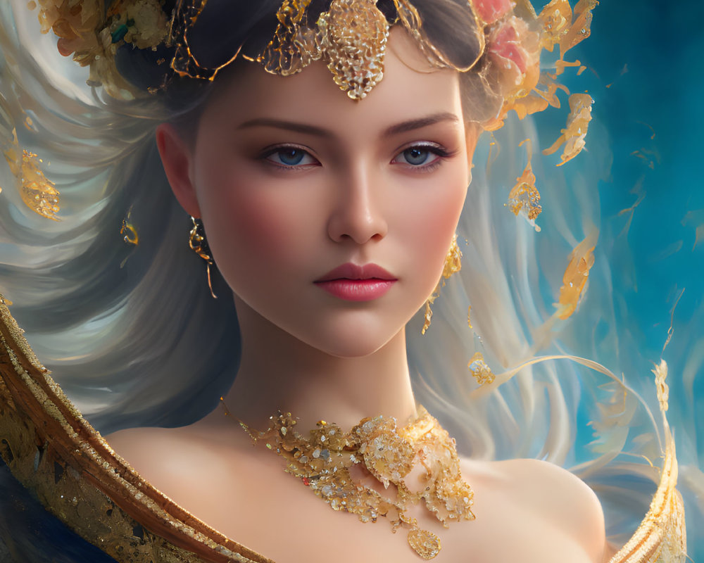 Digital portrait of woman with gold jewelry & floral crown on mystical blue background.