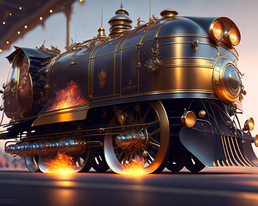 Ornate steam locomotive with glowing wheels and golden details