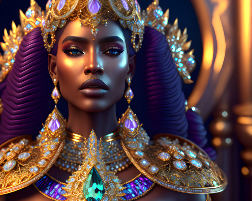 Detailed 3D illustration of dark-skinned woman adorned with golden jewelry and teal gemstone headpiece