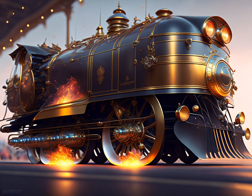 Ornate steam locomotive with glowing wheels and golden details