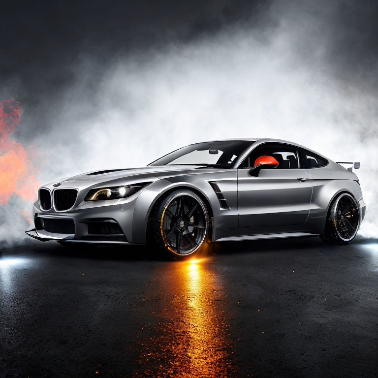 Custom Silver BMW Showcased with Dramatic Lighting and Orange Underglow
