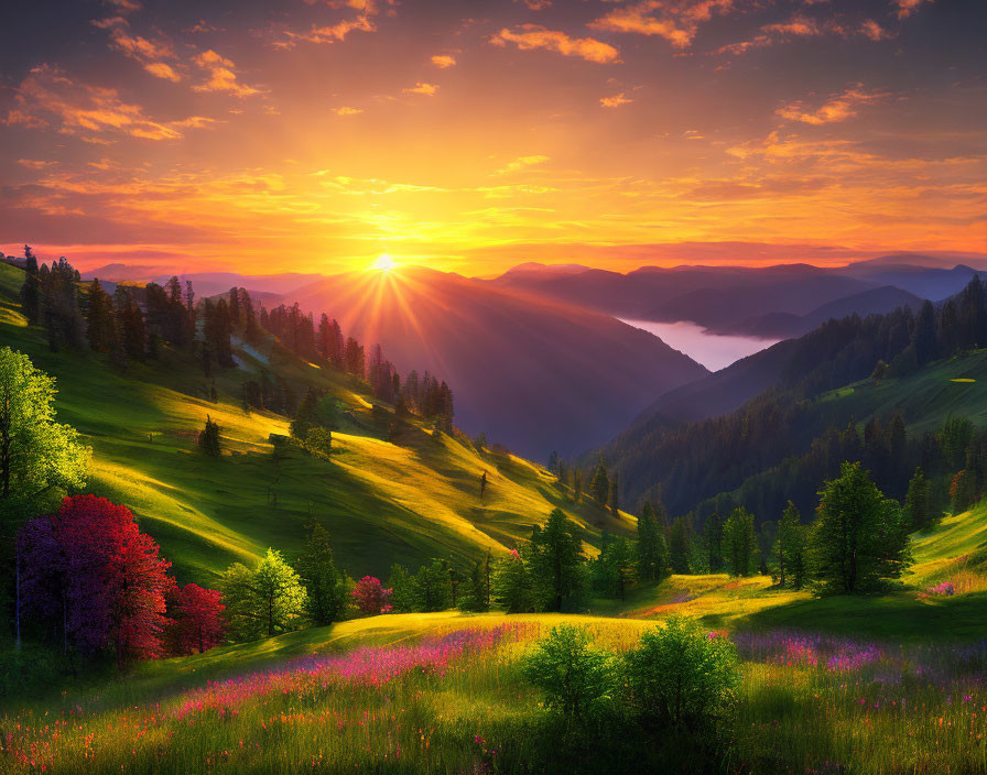 Scenic sunrise over rolling hills, wildflowers, misty valley