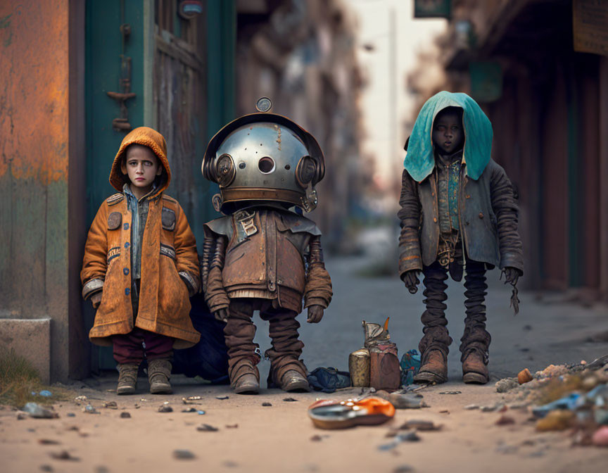 Children and robot in post-apocalyptic attire in desolate alleyway with food can