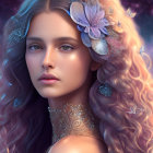 Digital portrait of a woman with wavy hair, floral hairpieces, and jewelry on violet backdrop