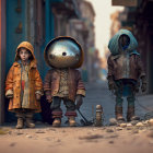 Children and robot in post-apocalyptic attire in desolate alleyway with food can