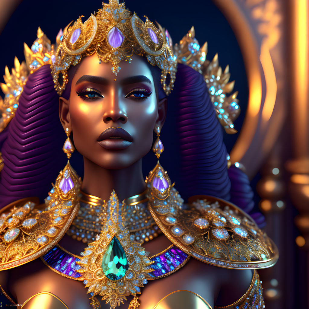Detailed 3D illustration of dark-skinned woman adorned with golden jewelry and teal gemstone headpiece
