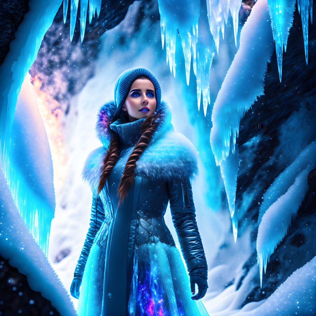 Woman in icy cave