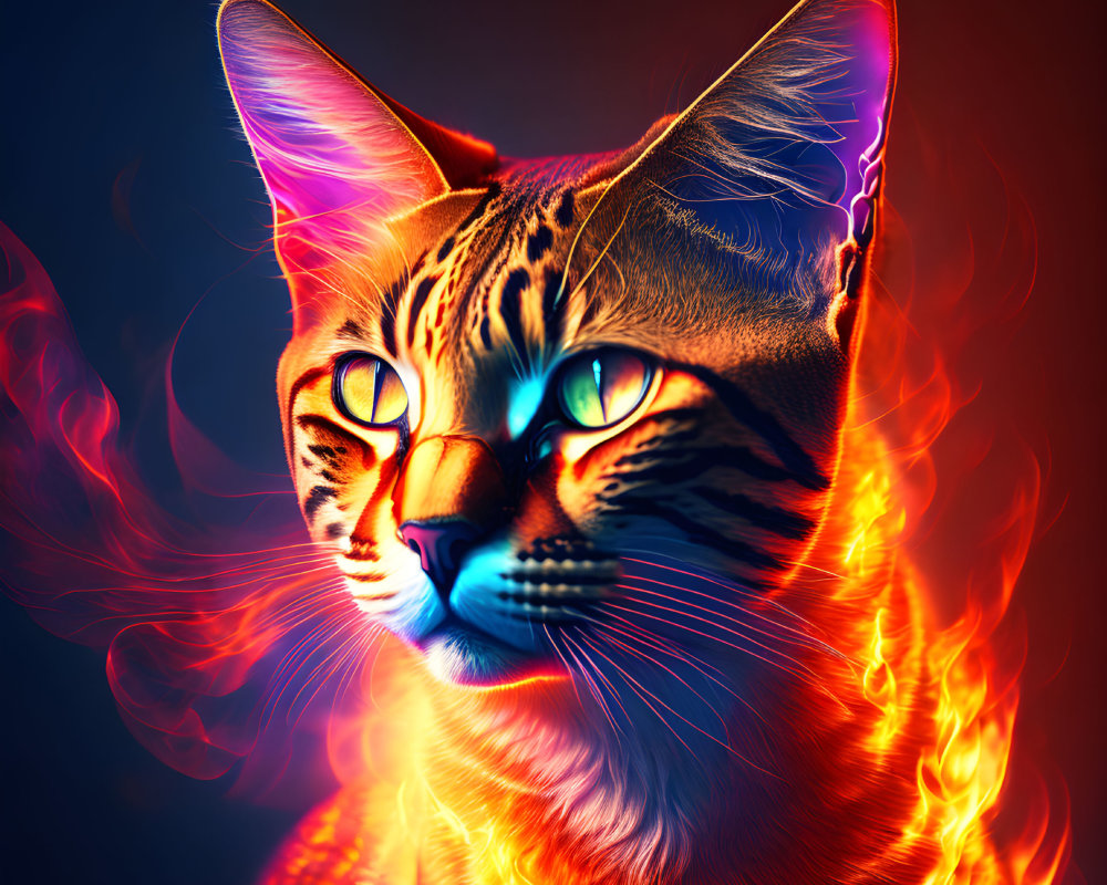 Colorful digital artwork of a cat with blue eyes in fiery tones on dark backdrop