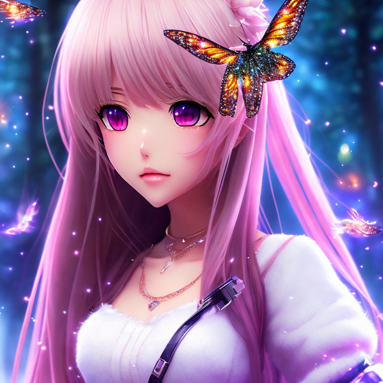 Anime-style girl with pink hair and purple eyes, adorned with a butterfly, set in a magical scene