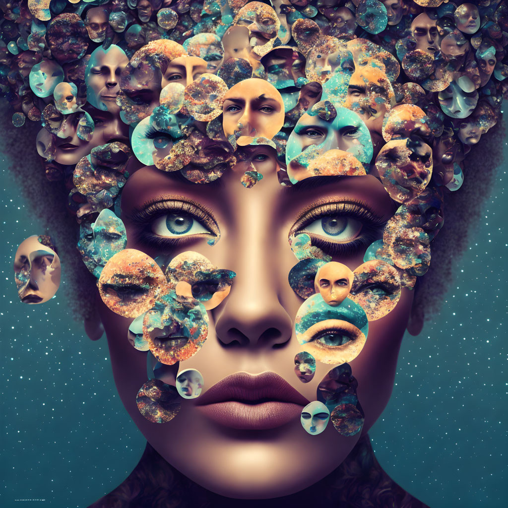 Surreal portrait featuring eyes, lips, and circular faces forming textured collage hair and skin