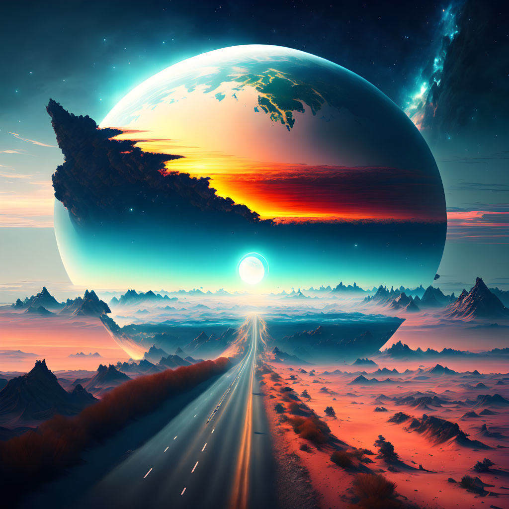 Surreal landscape with desert, mountains, road, and colossal planet at twilight