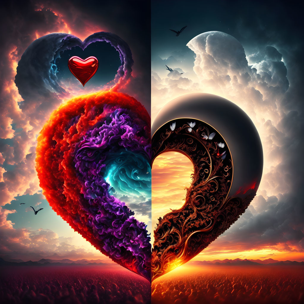 Split Image: Fiery vs. Serene Heart Shapes