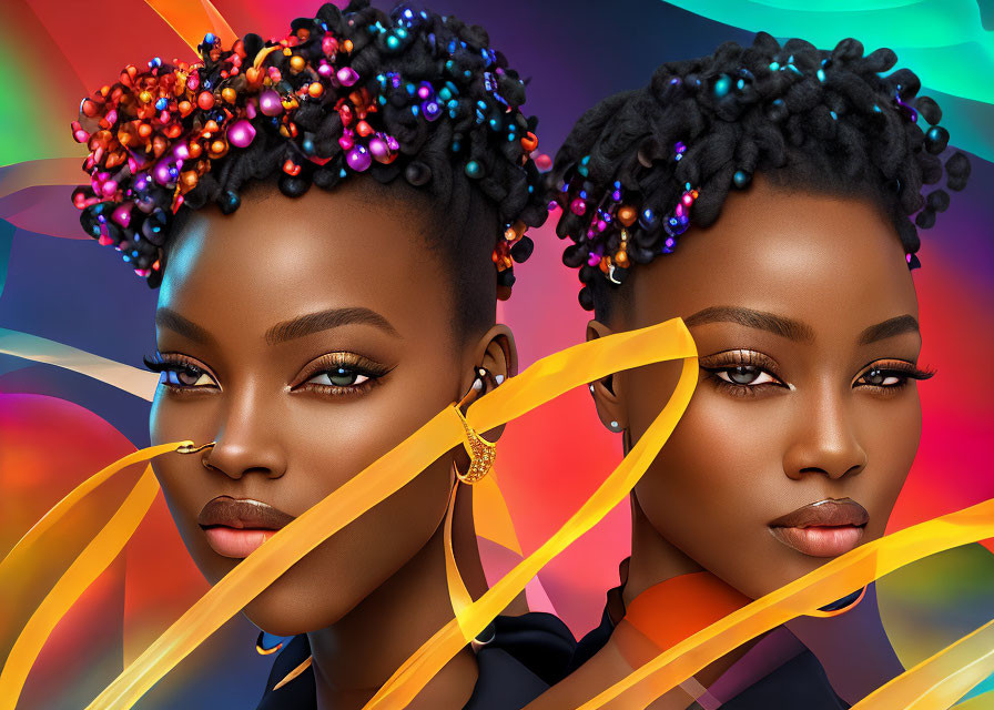 Artistic Makeup and Colorful Beaded Hairstyles on Two Women in Vibrant Abstract Setting