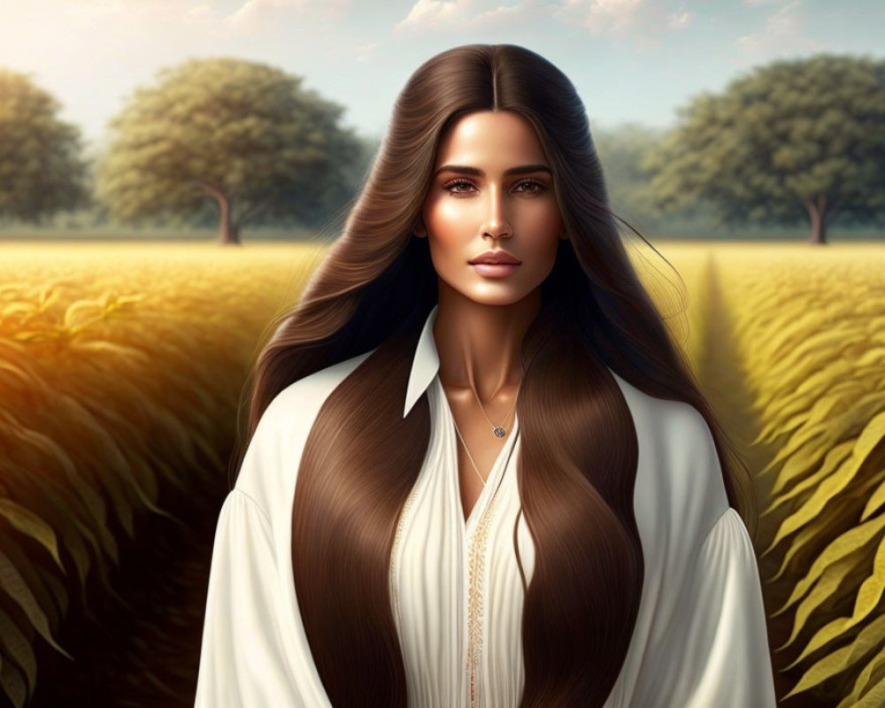 Digital illustration: Woman with long brown hair in white shirt in golden wheat field.