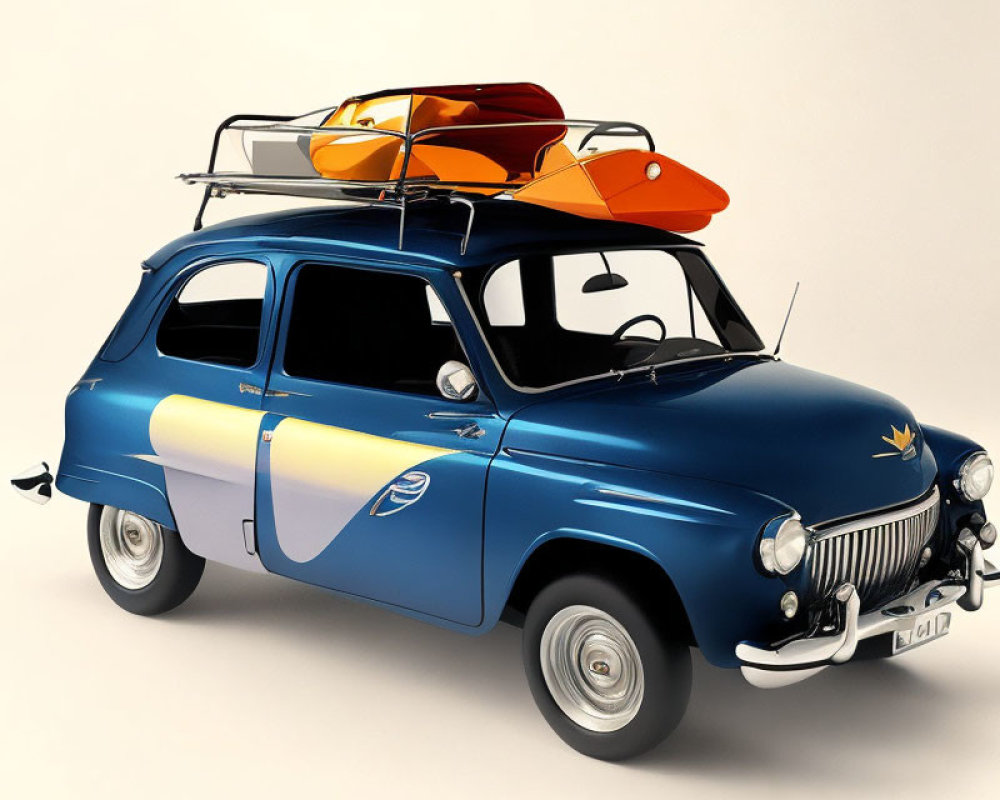 Vintage Blue Car with Surfboard and Kayak on Roof Rack