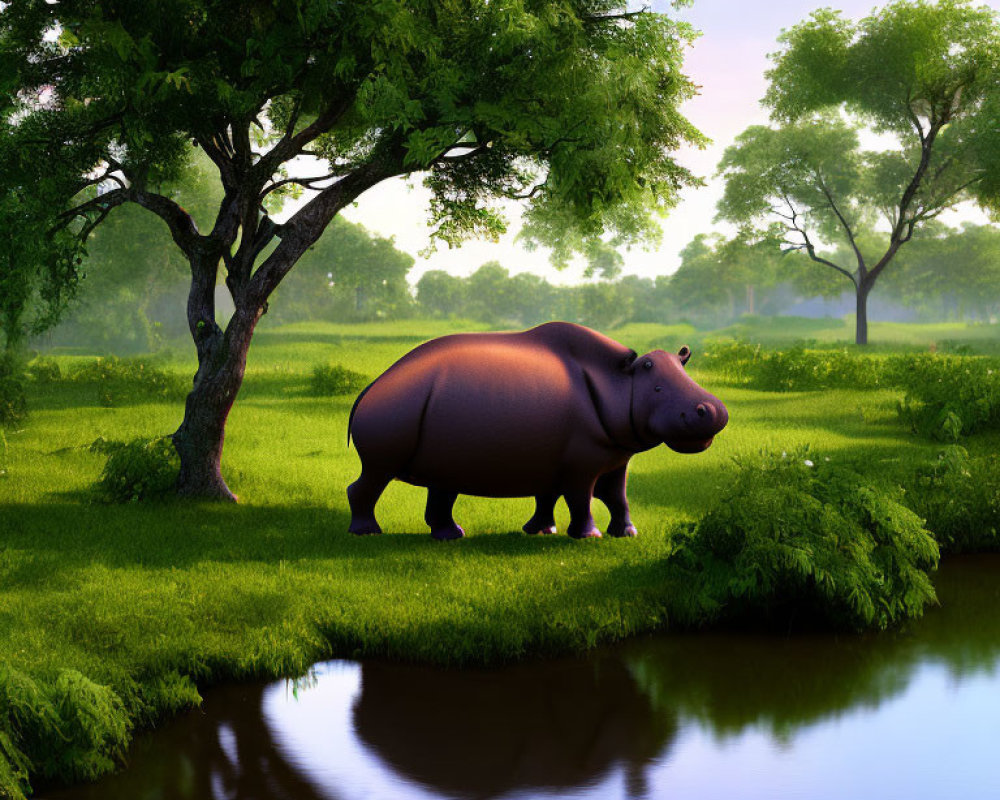 Hippopotamus by serene water body in lush greenery
