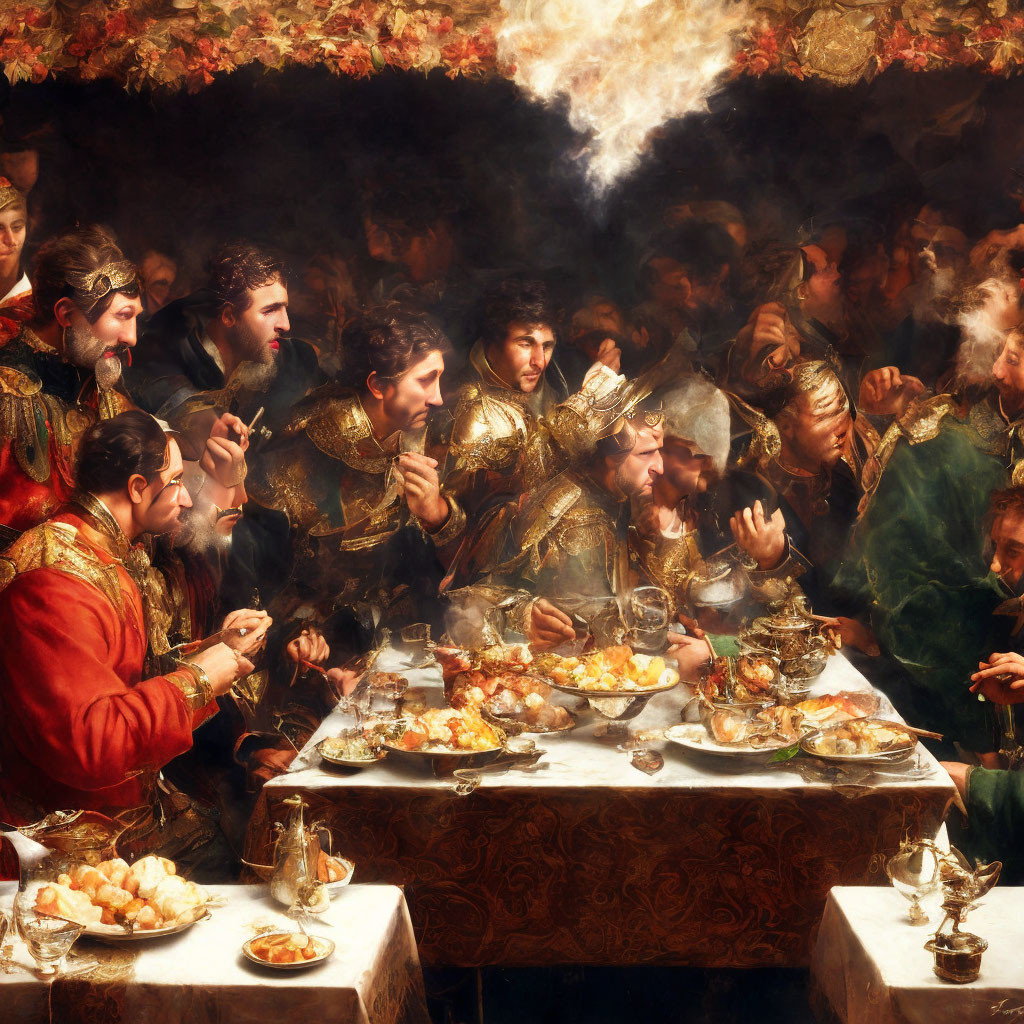 Opulent feast scene with elegantly attired guests at a lavish table
