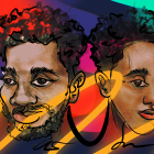 Futuristic robotic heads with African hair and colorful beads on neon background