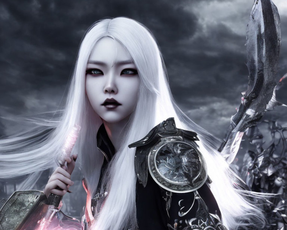 White-Haired Warrior with Glowing Red Eyes and Weapon in Fantasy Scene