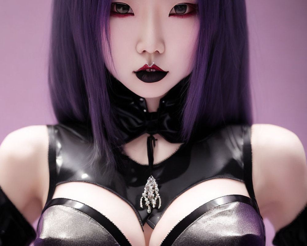 Purple-haired person in leather outfit with choker and pendant.