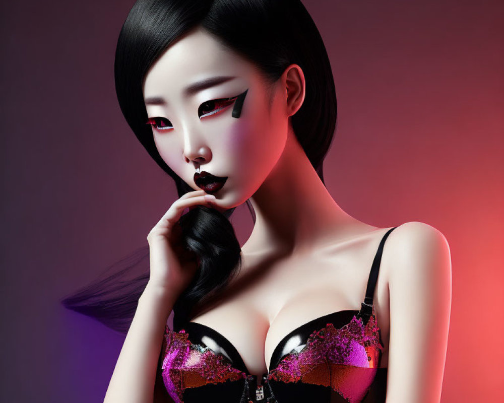 Digital Artwork: Woman with Stylized Makeup and Black/Magenta Bustier